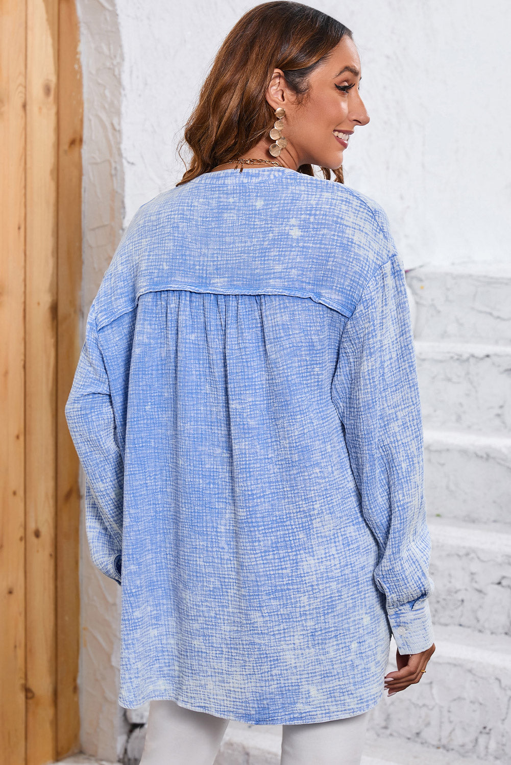 Crinkle Textured Loose Henley Top