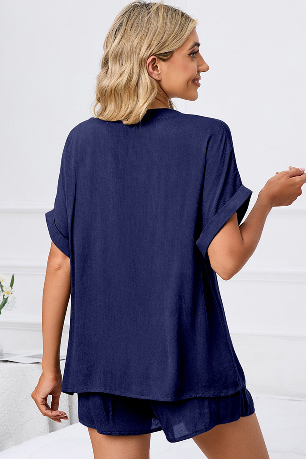 Comfy Notched Neck Top and Drawstring Shorts Set