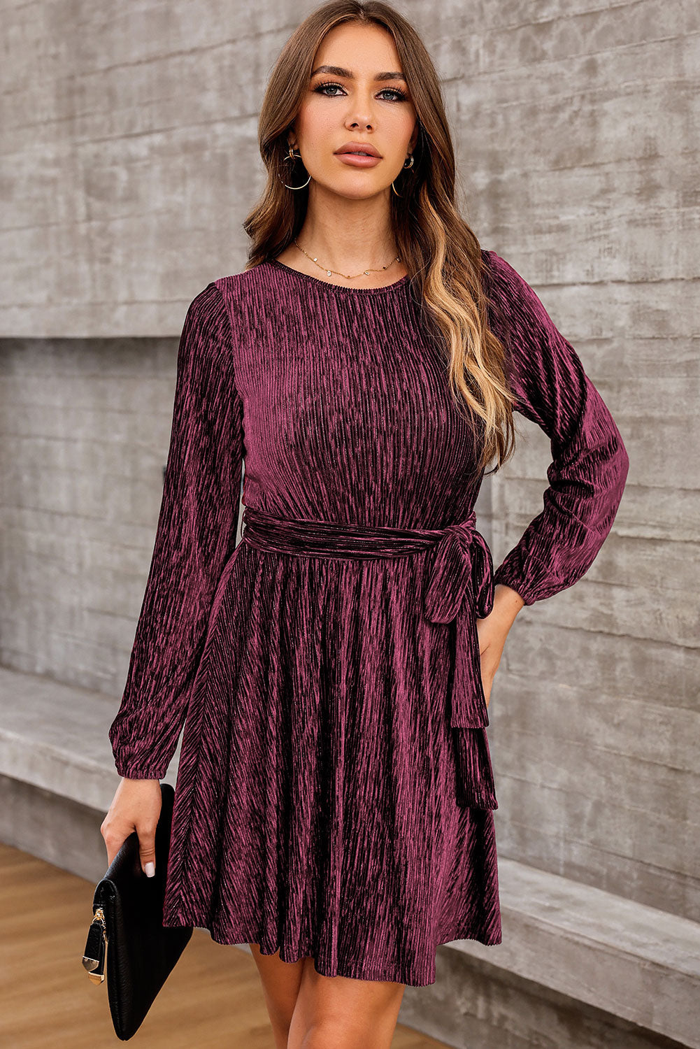 Tie Waist Crinkle Velvet Dress