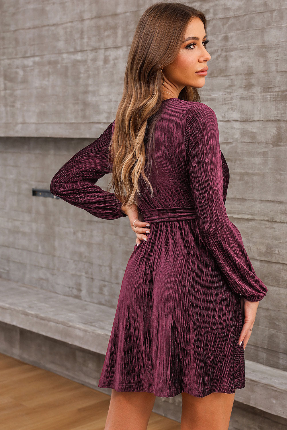 Tie Waist Crinkle Velvet Dress