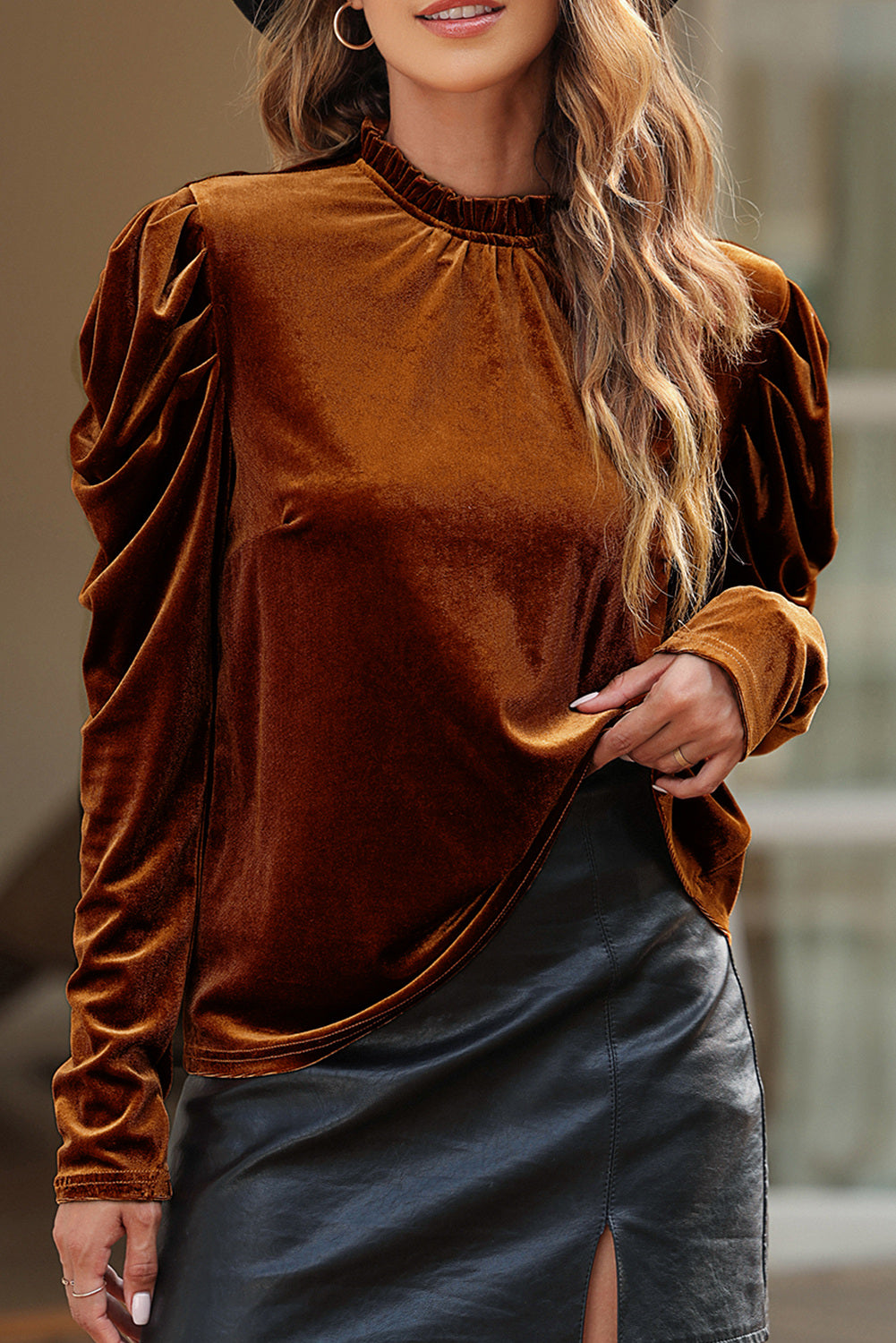 Frilled Collar Puff Sleeve Velvet Top