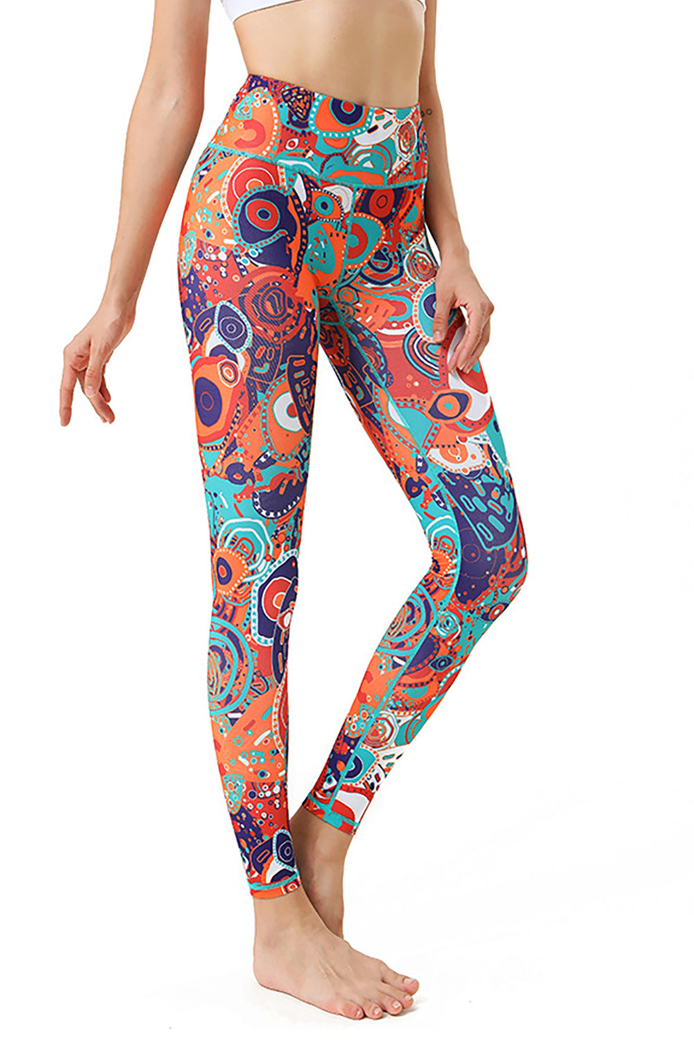 Orange Printed High Waist Tummy Control Active Leggings