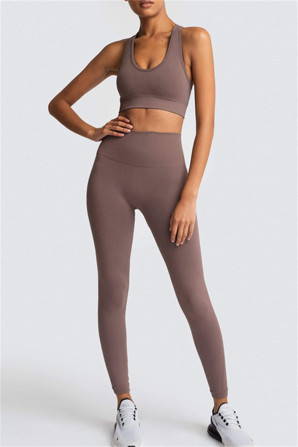 Dark Brown Outdoor Sleeveless U Neck Yoga Set