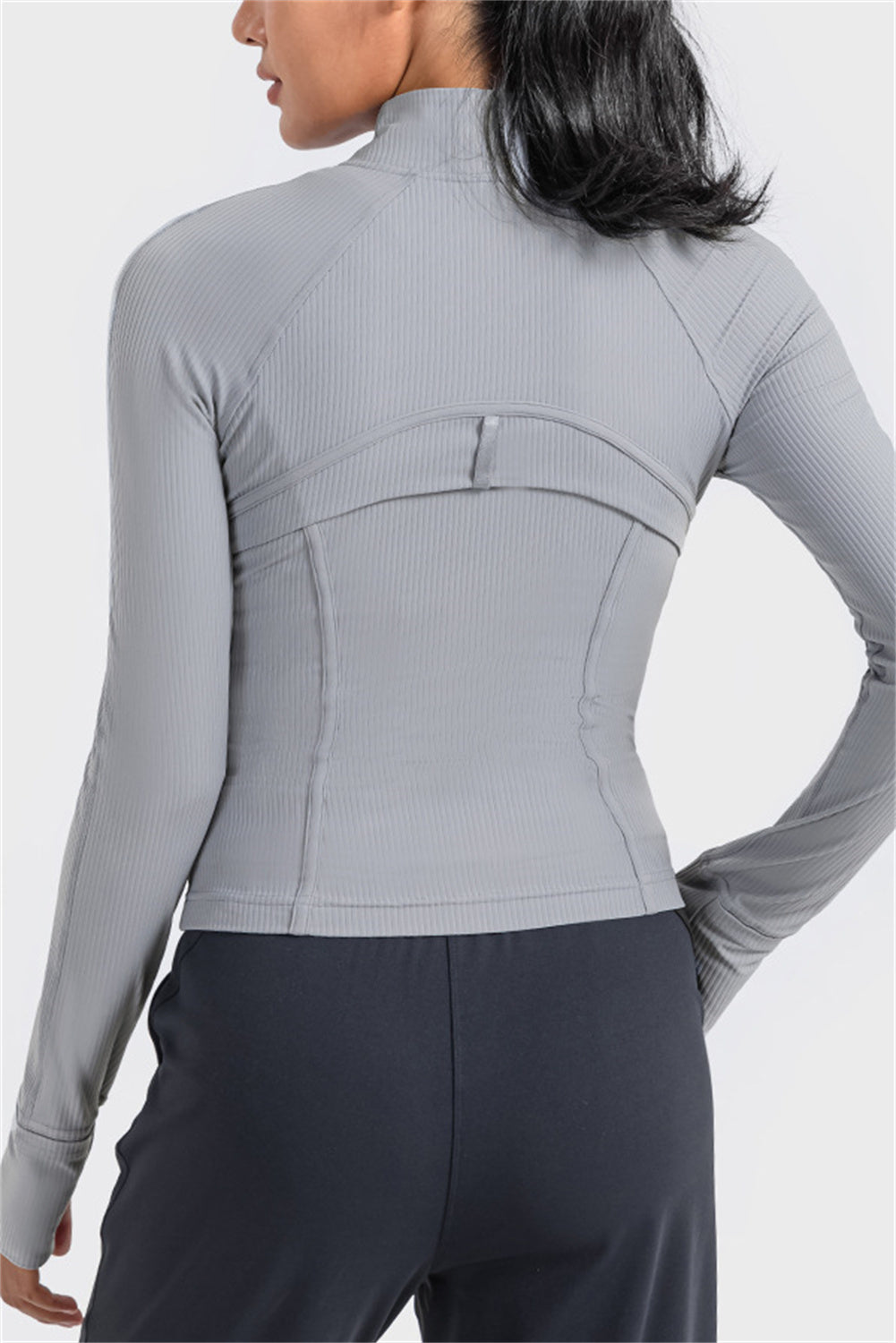 Ribbed Stitching Thumbhole Sleeve Zip Up Active Top