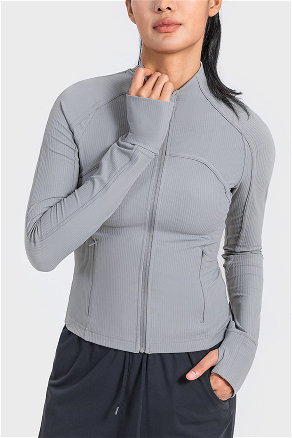 Ribbed Stitching Thumbhole Sleeve Zip Up Active Top