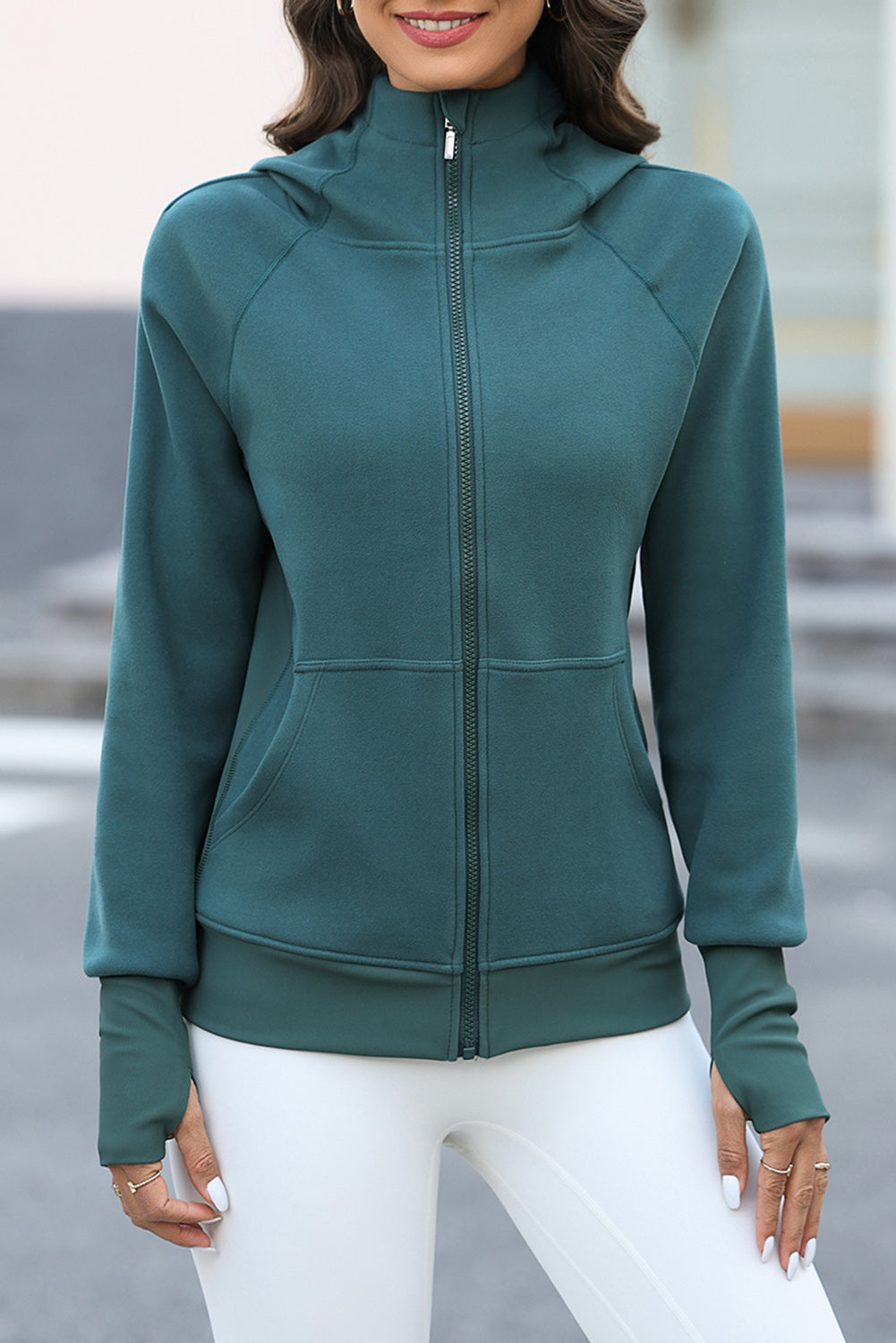 Thumbhole Sleeve Zip Up Sports Hooded Jacket