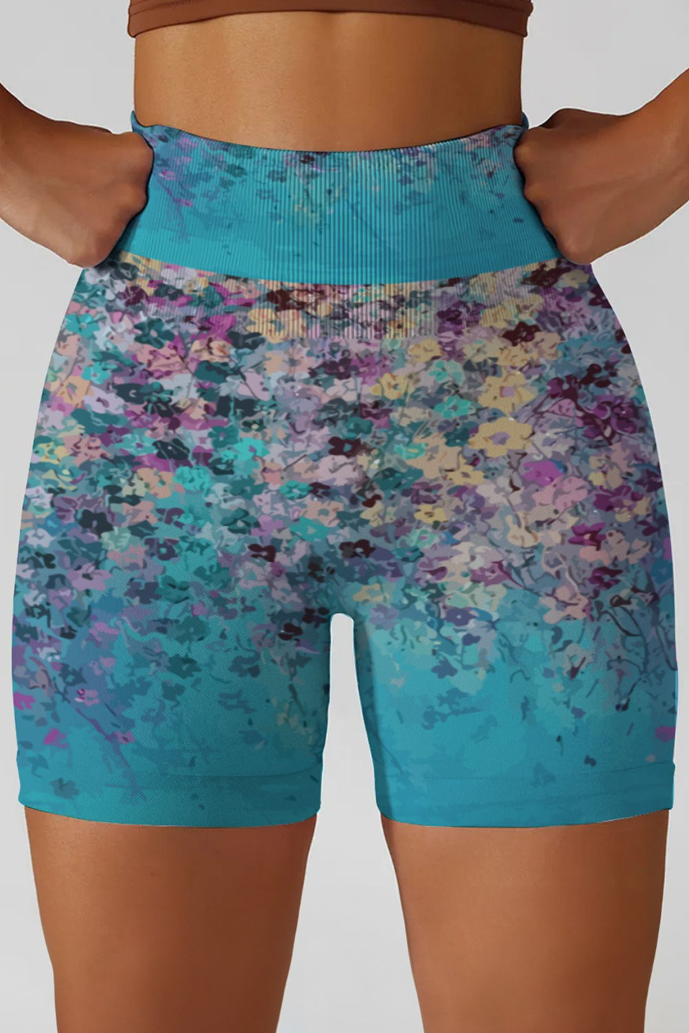 Abstract Floral Print Ribbed High Waist Yoga Shorts