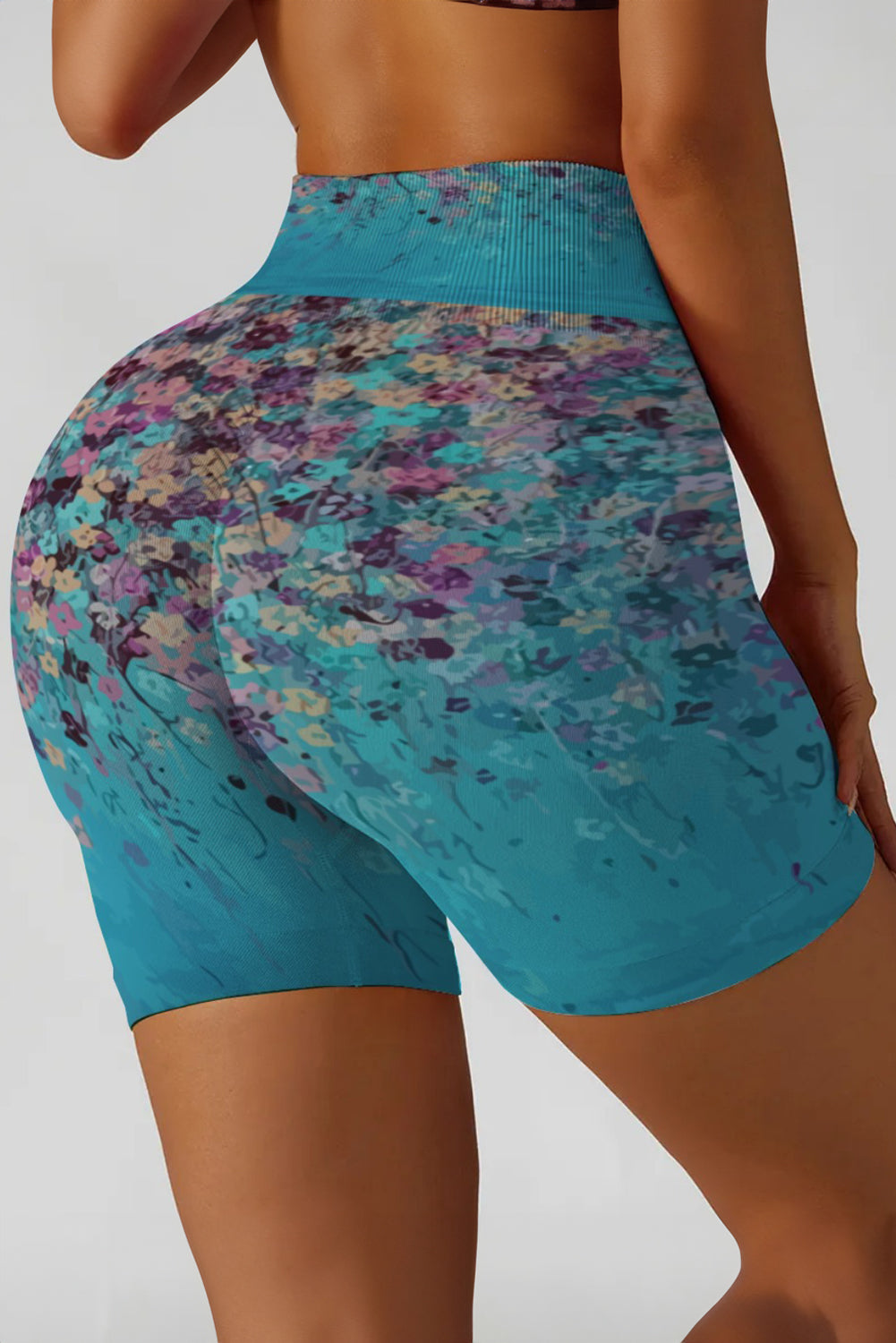 Abstract Floral Print Ribbed High Waist Yoga Shorts