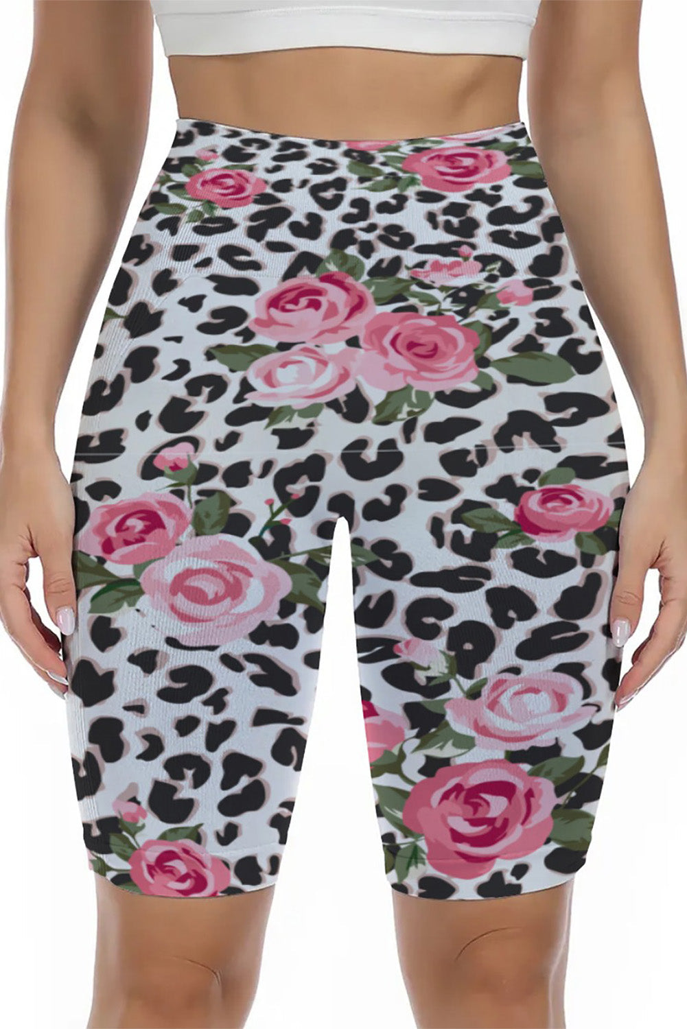 Floral Leopard Print High Waist Yoga Shorts