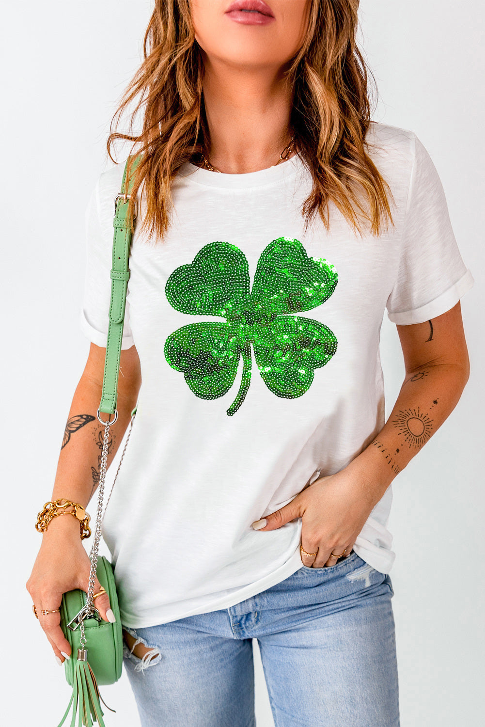 Sequin Clover Patch Graphic St Patrick Fashion Tee