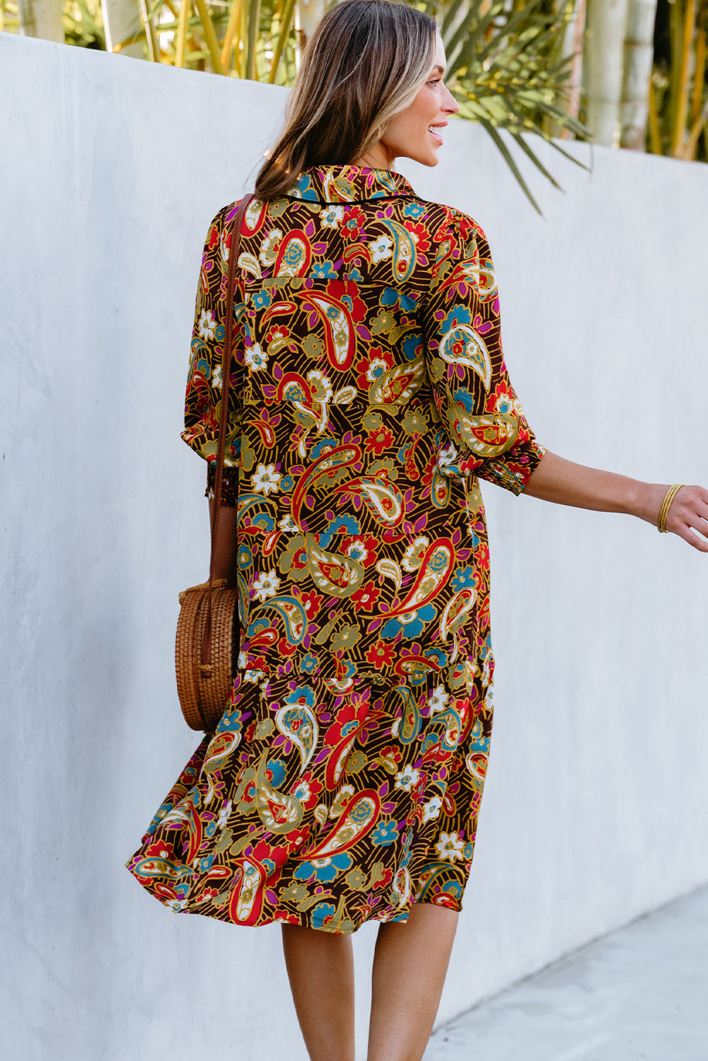 Paisley Mixed Print Collared 3/4 Sleeve Midi Dress