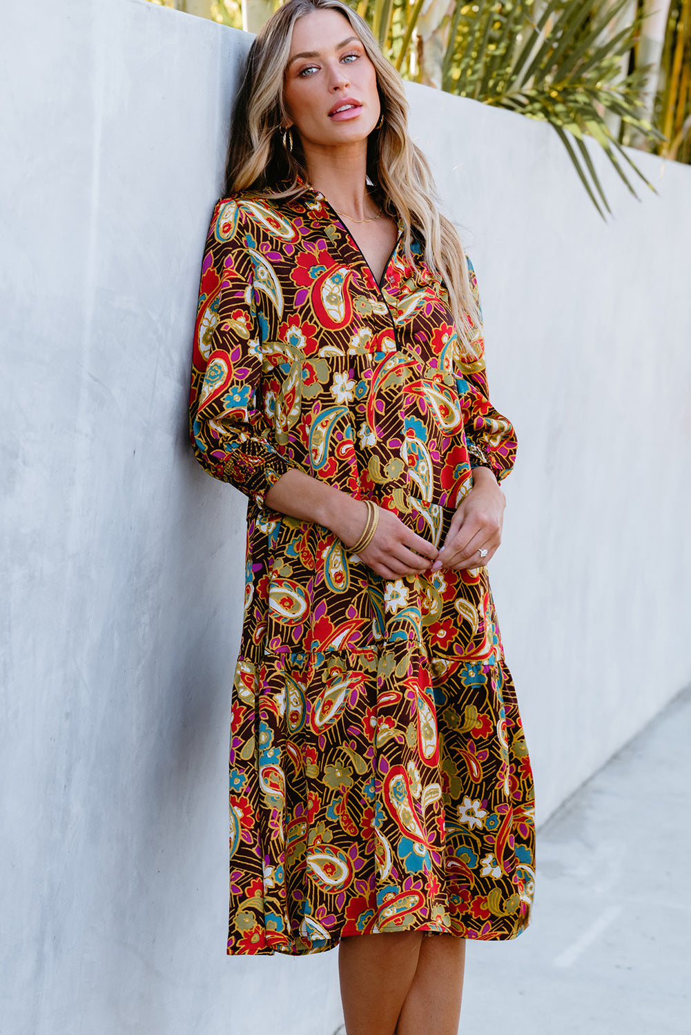Paisley Mixed Print Collared 3/4 Sleeve Midi Dress