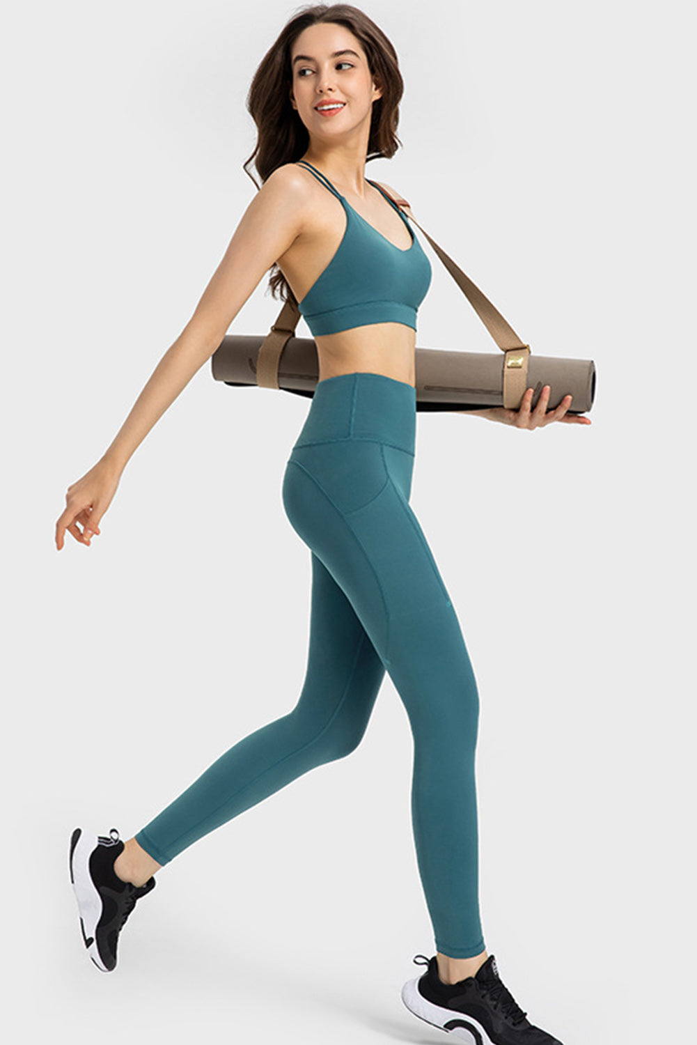 Solid Color High Waist Active Leggings with Side Pocket