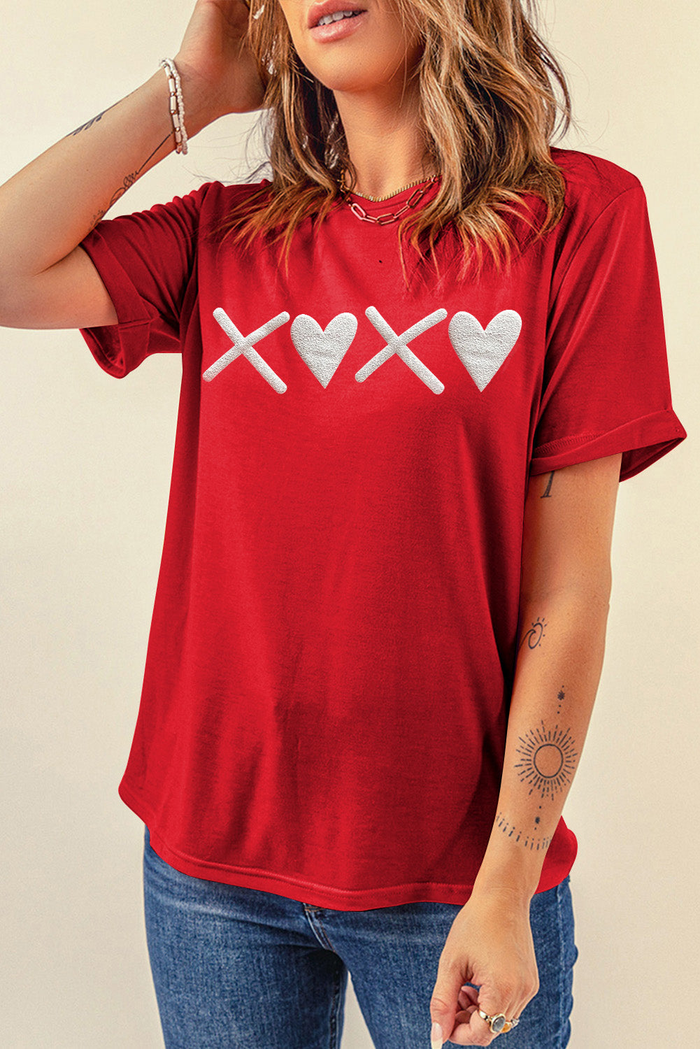 XOXO Heart Shaped Print O Neck Casual T Shirt