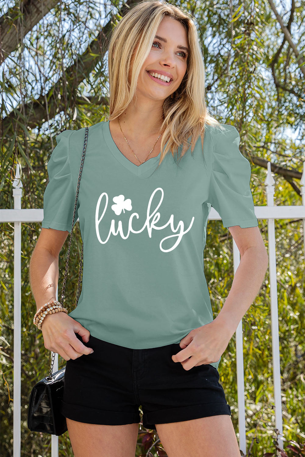Lucky Clover Graphic Puff Sleeve Tee