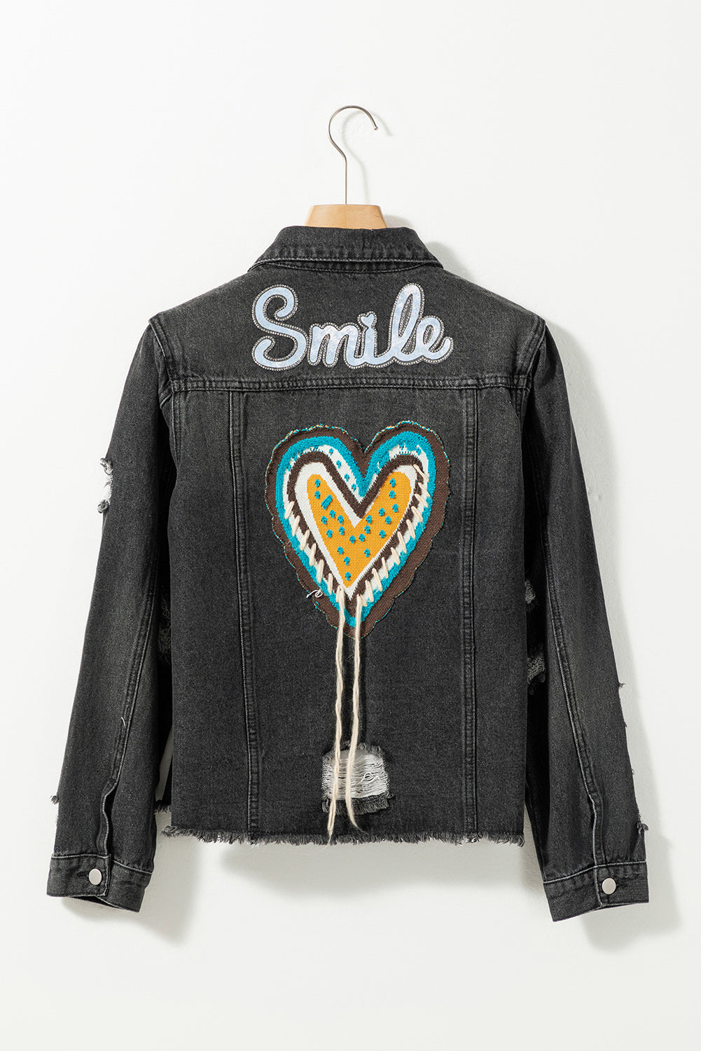 Smile Heart Graphic Patch Distressed Denim Jacket
