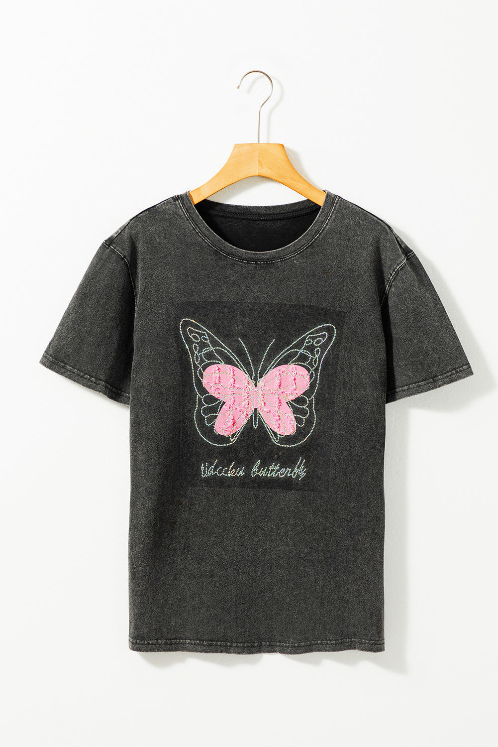 Butterfly Beaded Mineral Wash Crewneck T Shirt