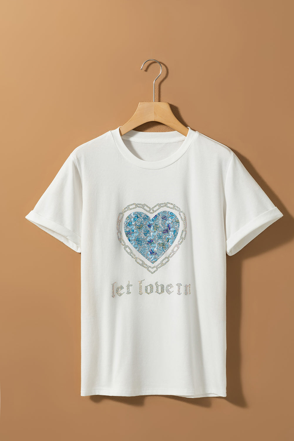 let love in Heart Shaped Rhinestone Crew Neck T Shirt