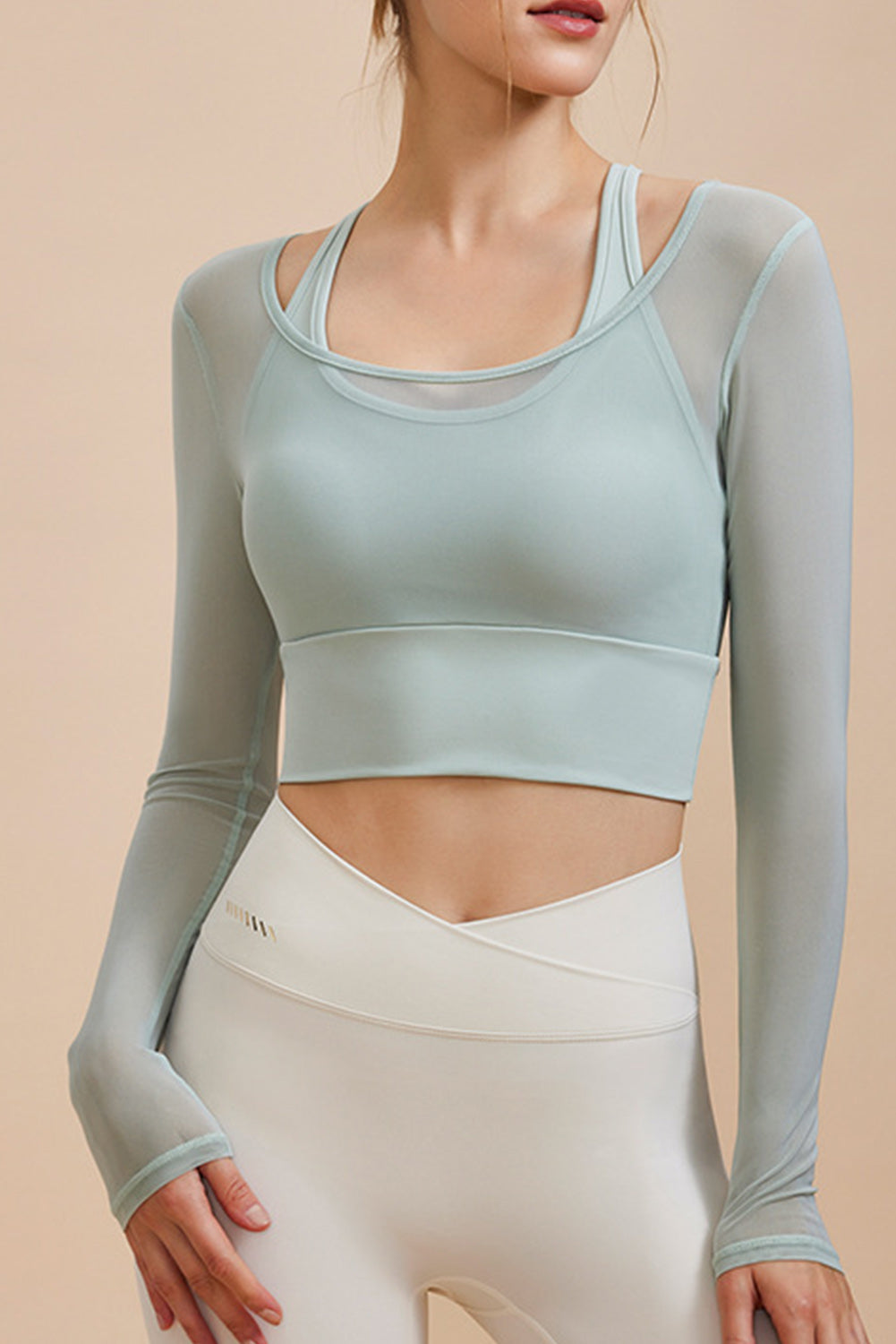 Fake 2 Pieces Long Sleeve Cropped Sports Top