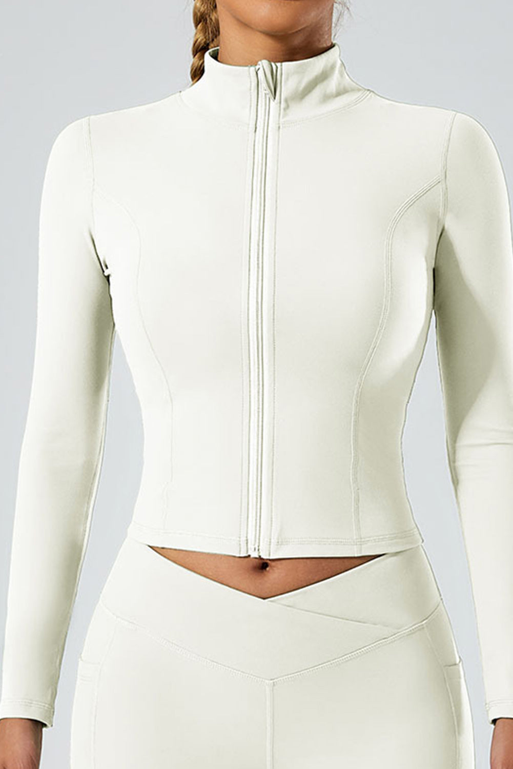 Exposed Seam Stand Neck Zip up Long Sleeve Sports Top