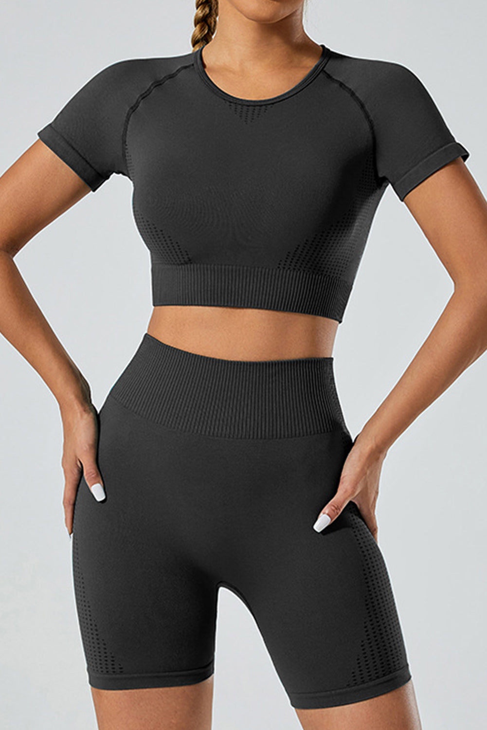 Breathable Mesh Ribbed High Waist Cropped Yoga Set