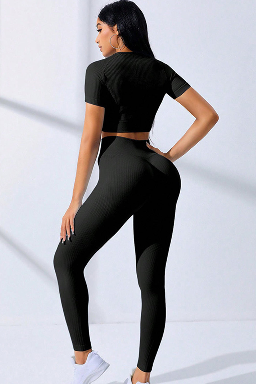Textured Crop Top and High Waist Leggings Workout Set