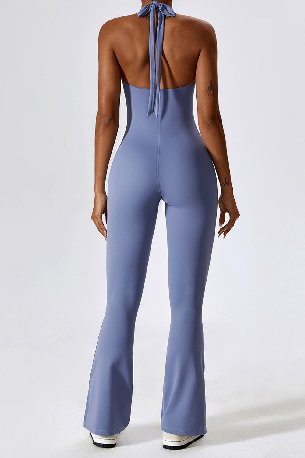 Halter V Neck Open Back Split Flared Leg Yogo Jumpsuit