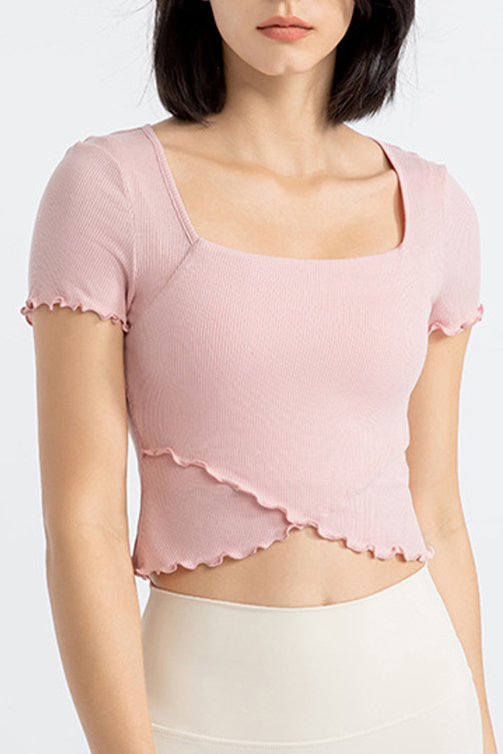 Frilly Trim Crossed Hem Cropped Yoga Top
