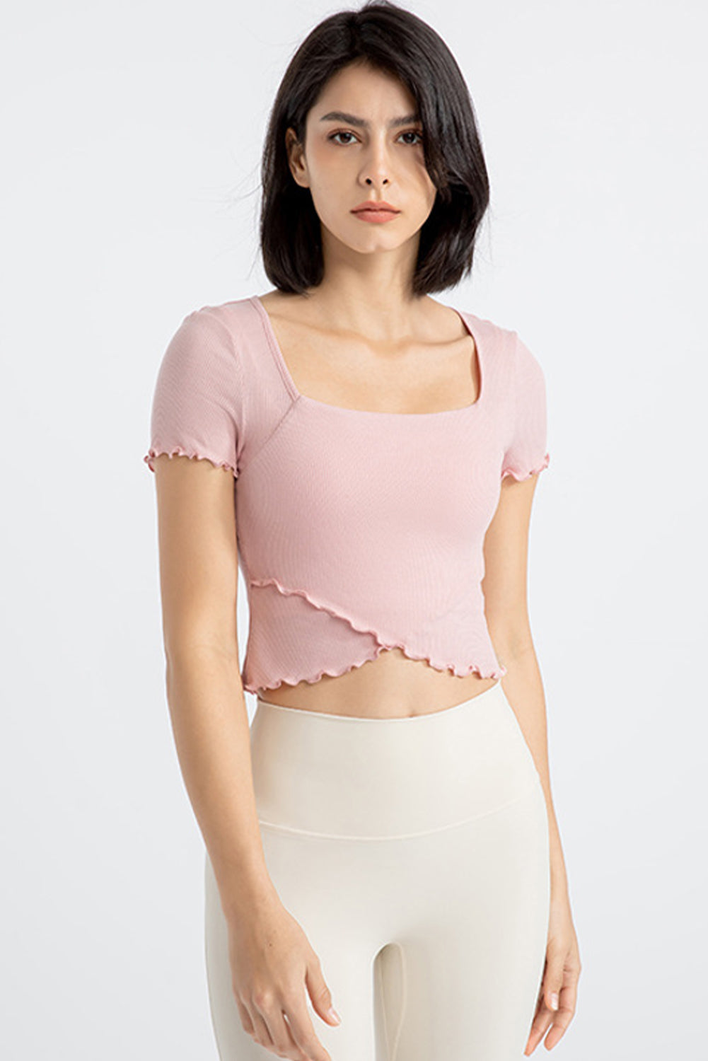 Frilly Trim Crossed Hem Cropped Yoga Top