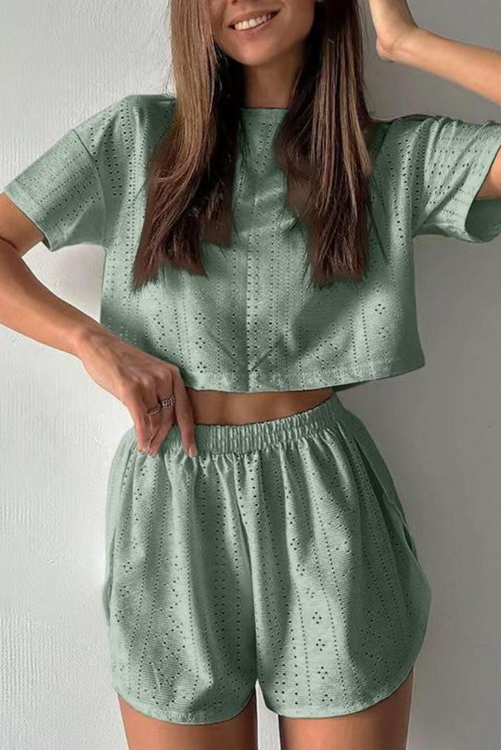 Athletic Eyelet Cropped Tee Wrapped Shorts Set