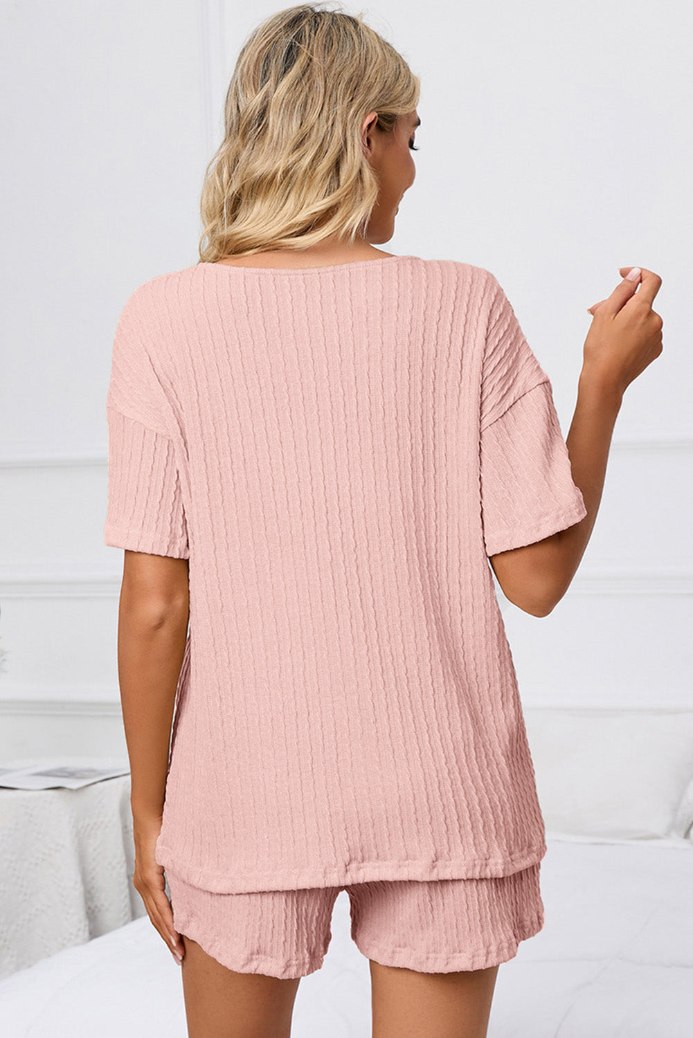 Ribbed Notched Neck Short Sleeve Top and Shorts Set