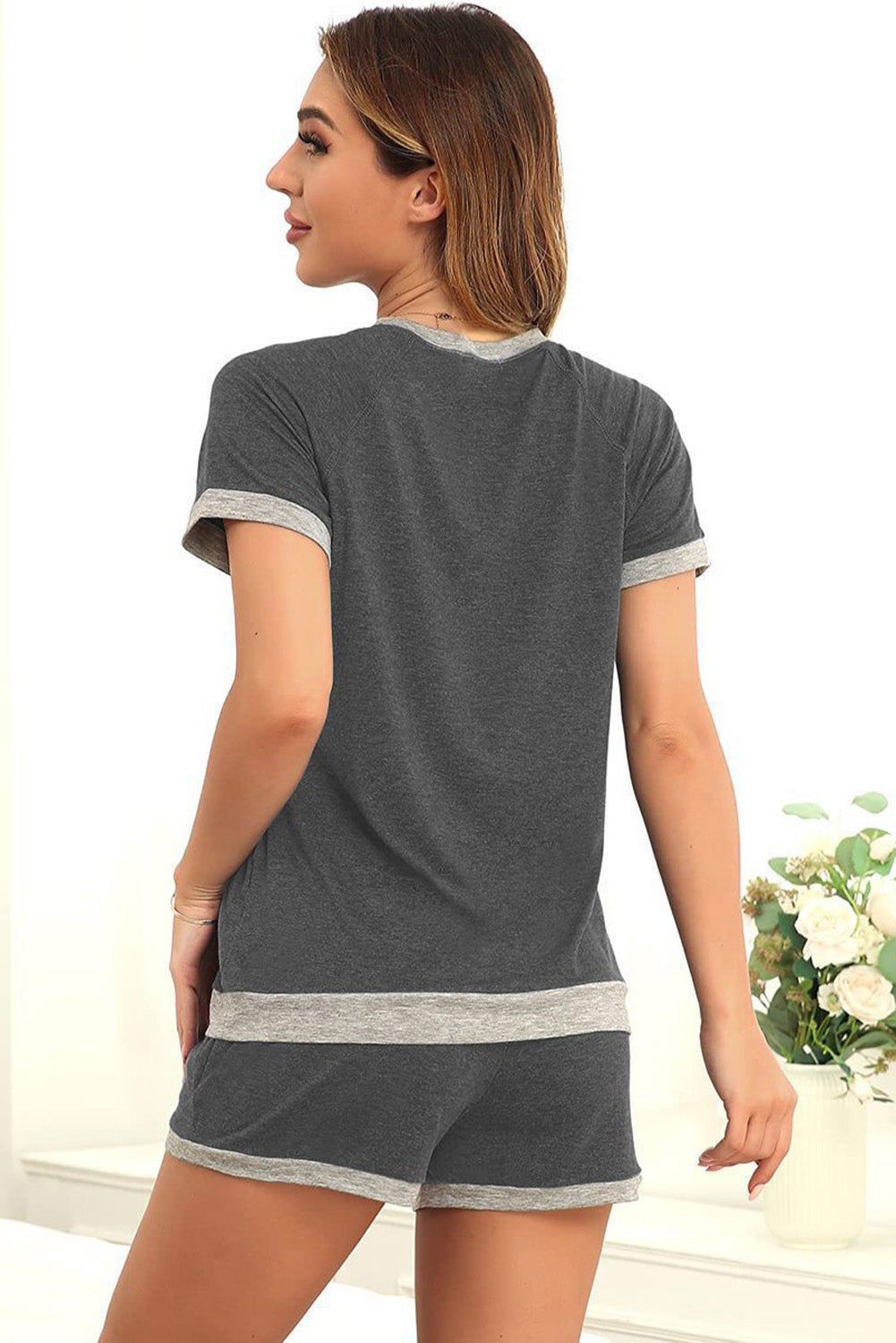 Color Block Short Sleeve Top and Drawstring Shorts Set