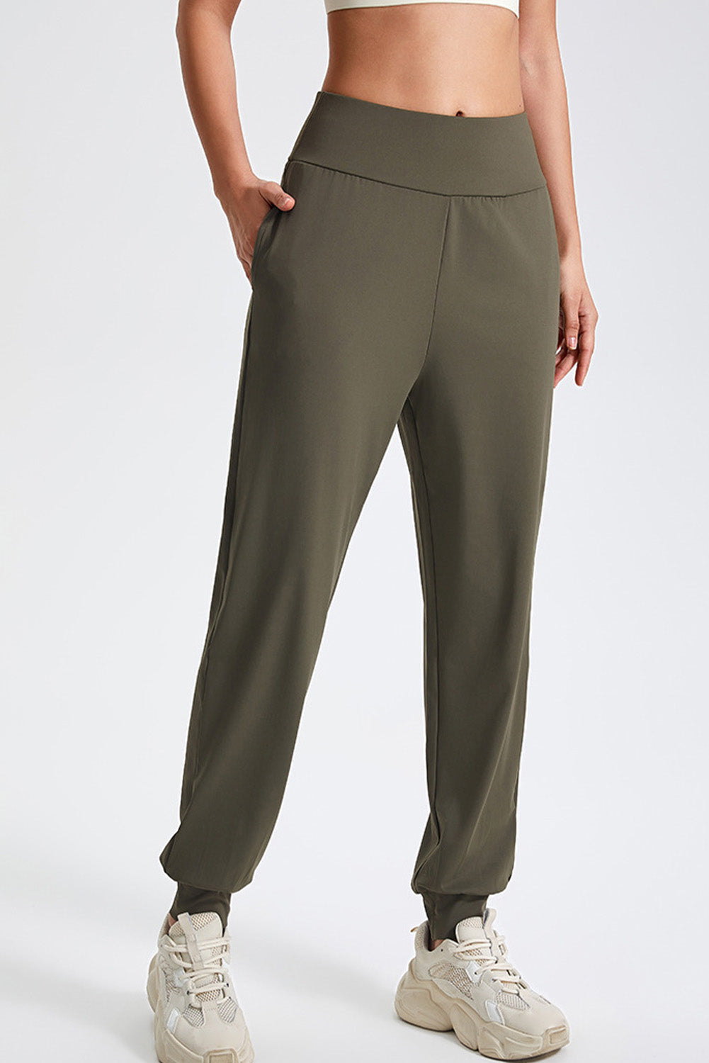 Solid Color High Waist Side Pockets Active Joggers