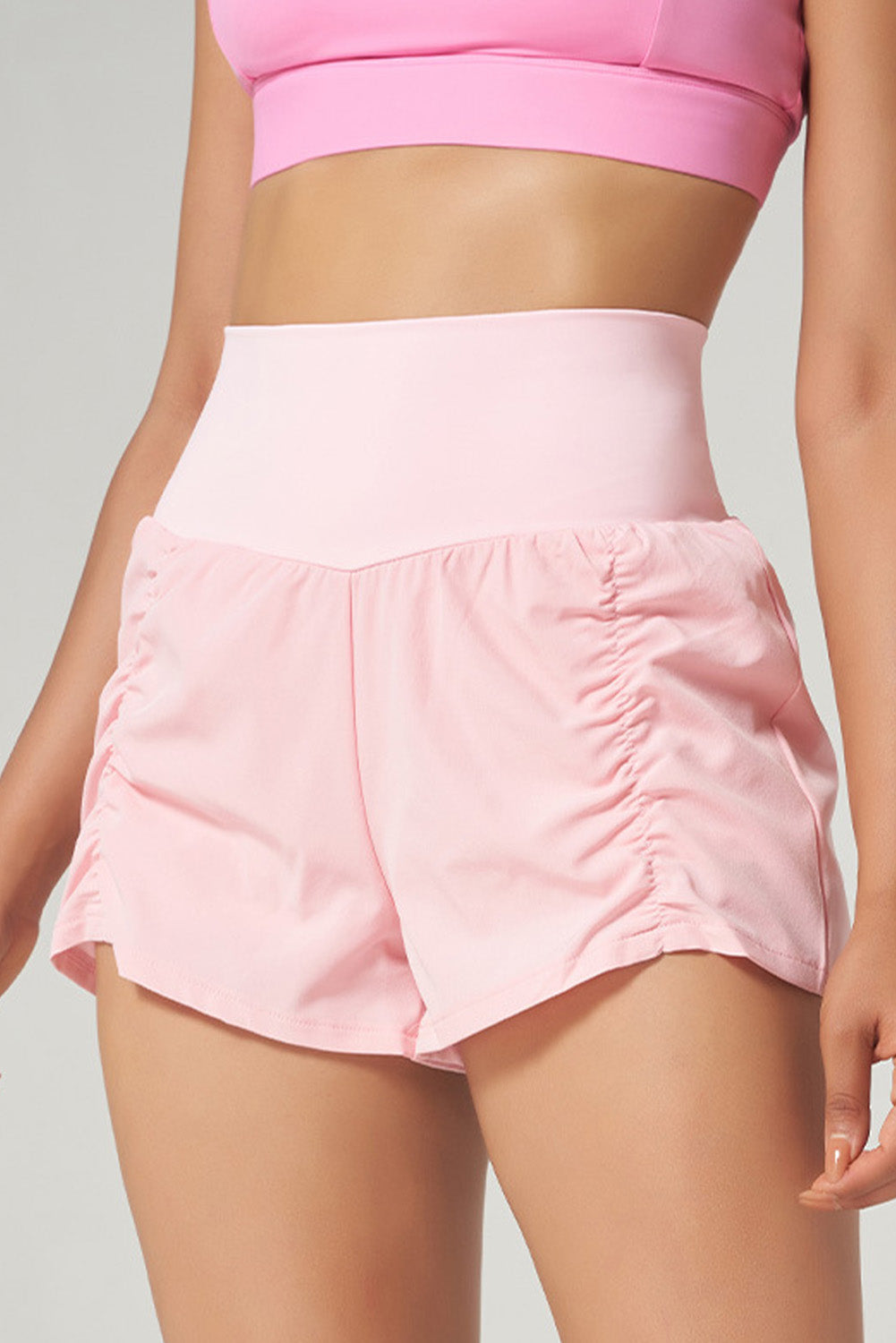 Solid Color Ruched High Waist Fake Two Piece Active Shorts