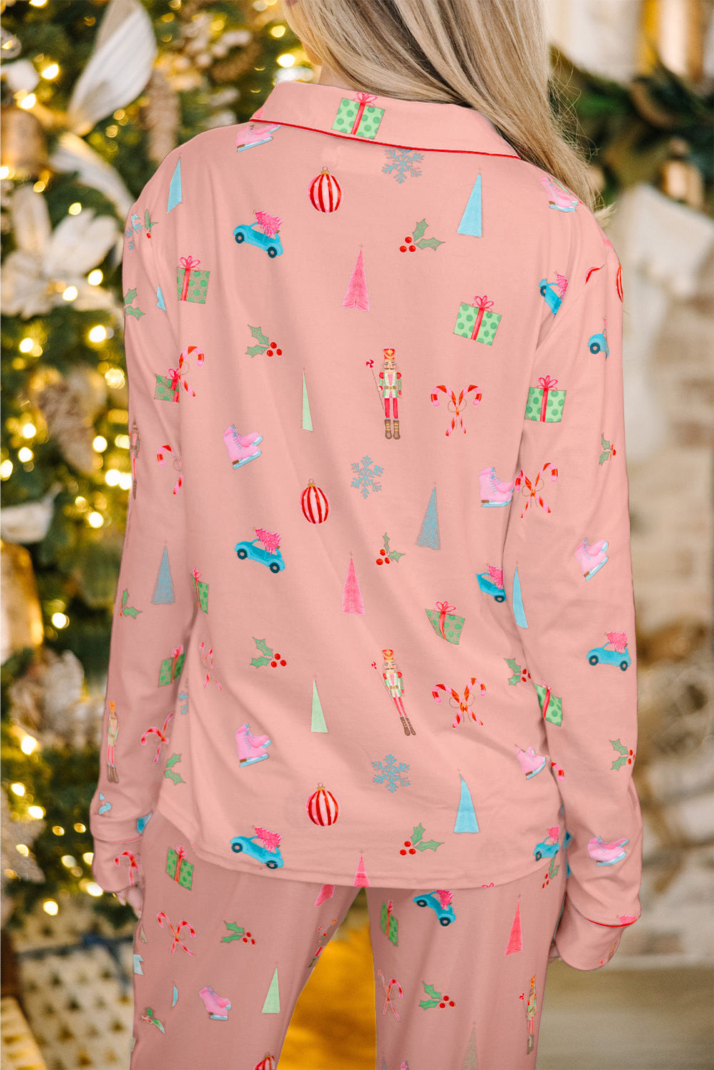 Christmas Print Lapel Shirt and Pants Sleepwear