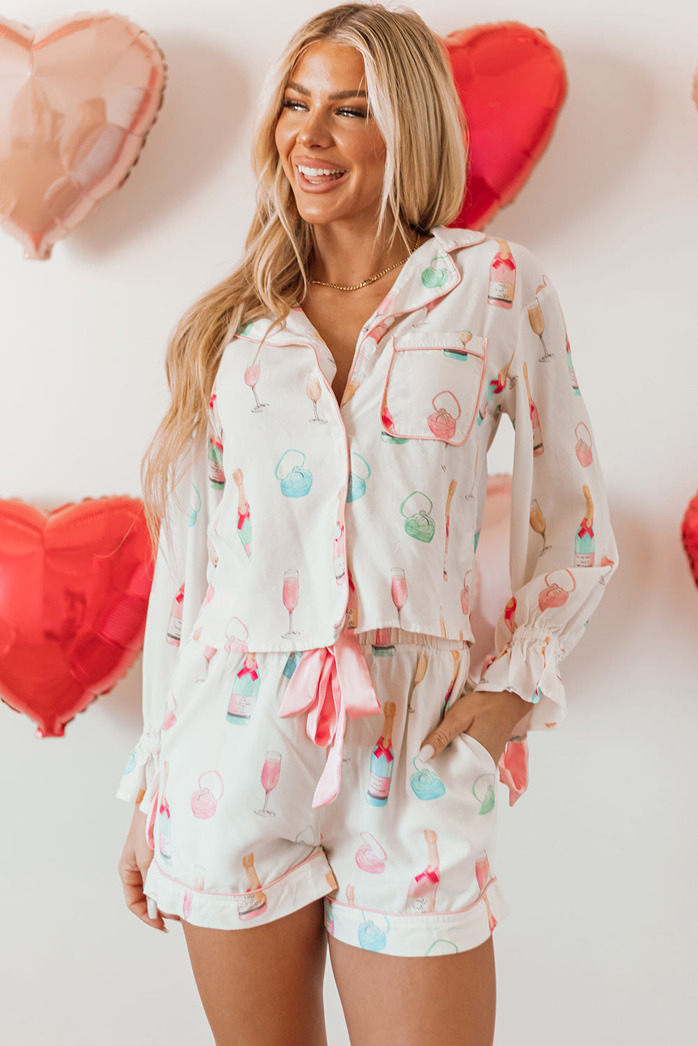 Christmas Wine Glass Print Bow Knot Two Piece Pajama Set