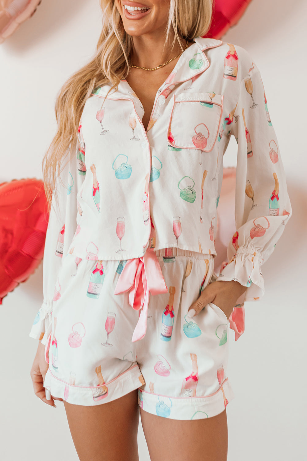 Christmas Wine Glass Print Bow Knot Two Piece Pajama Set