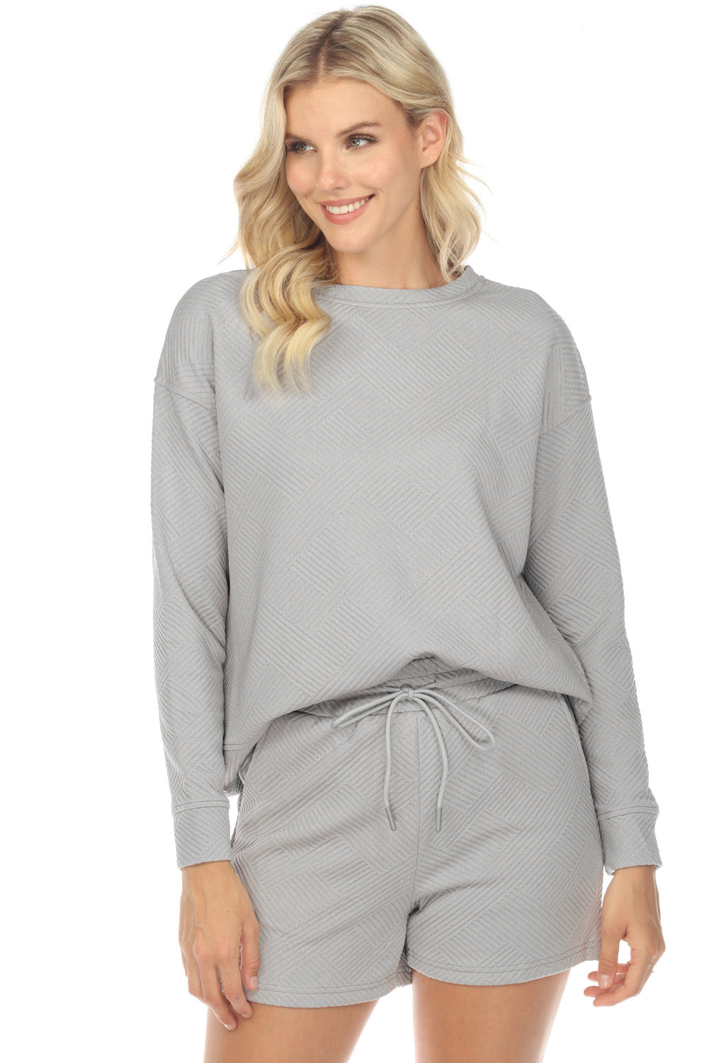 Gray Textured Long Sleeve Top And Drawstring Shorts Set