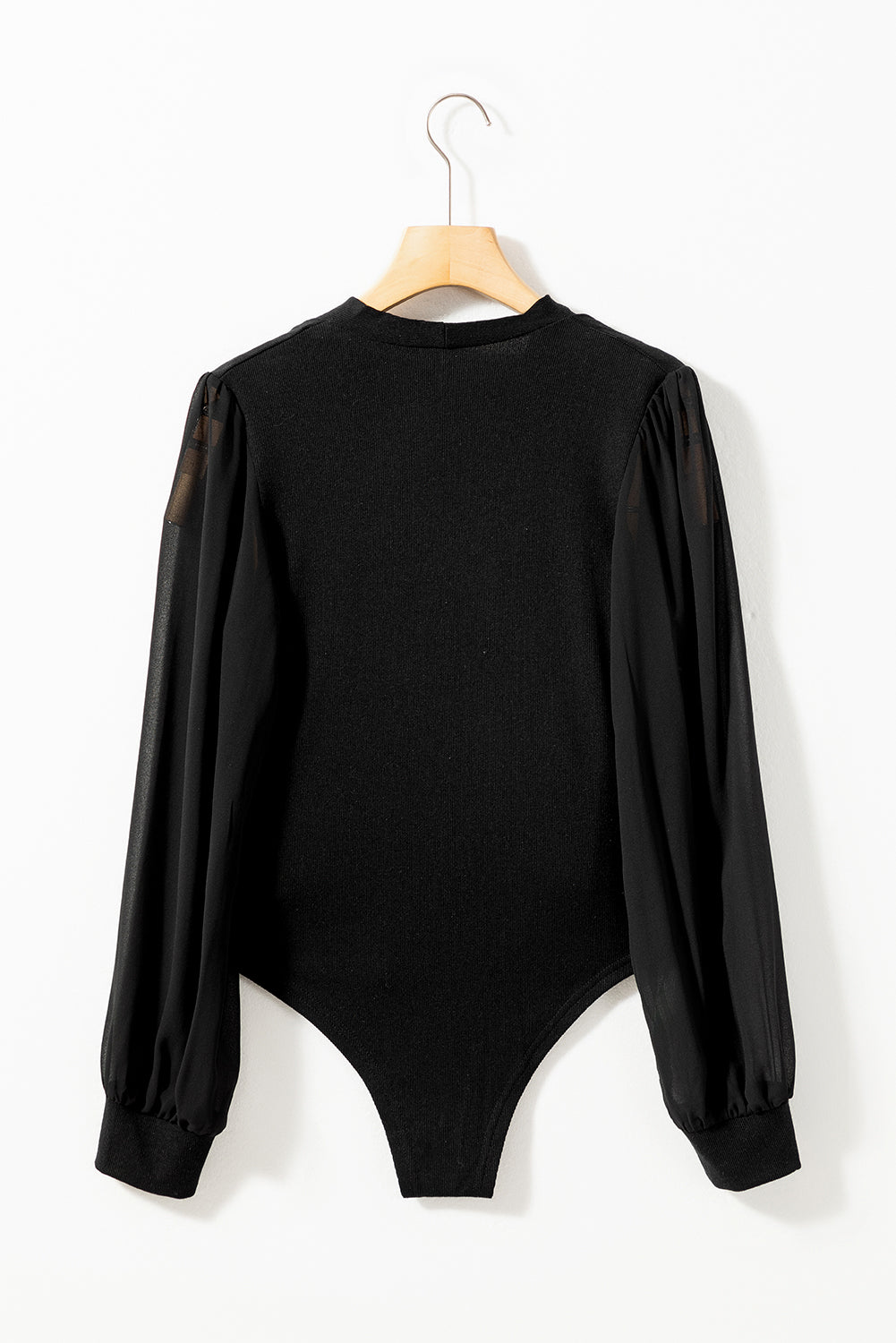 Solid Color V Neck Wrap Mesh Sleeves Bodysuit