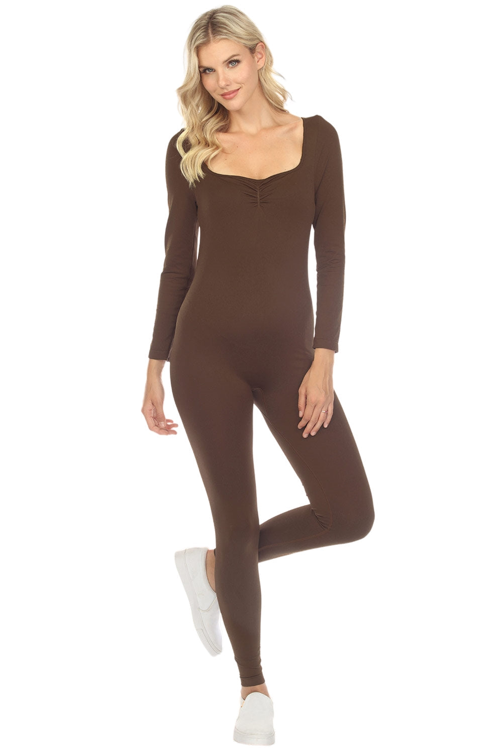 Brown Ruched Square Neck Long Sleeve Sports Jumpsuit