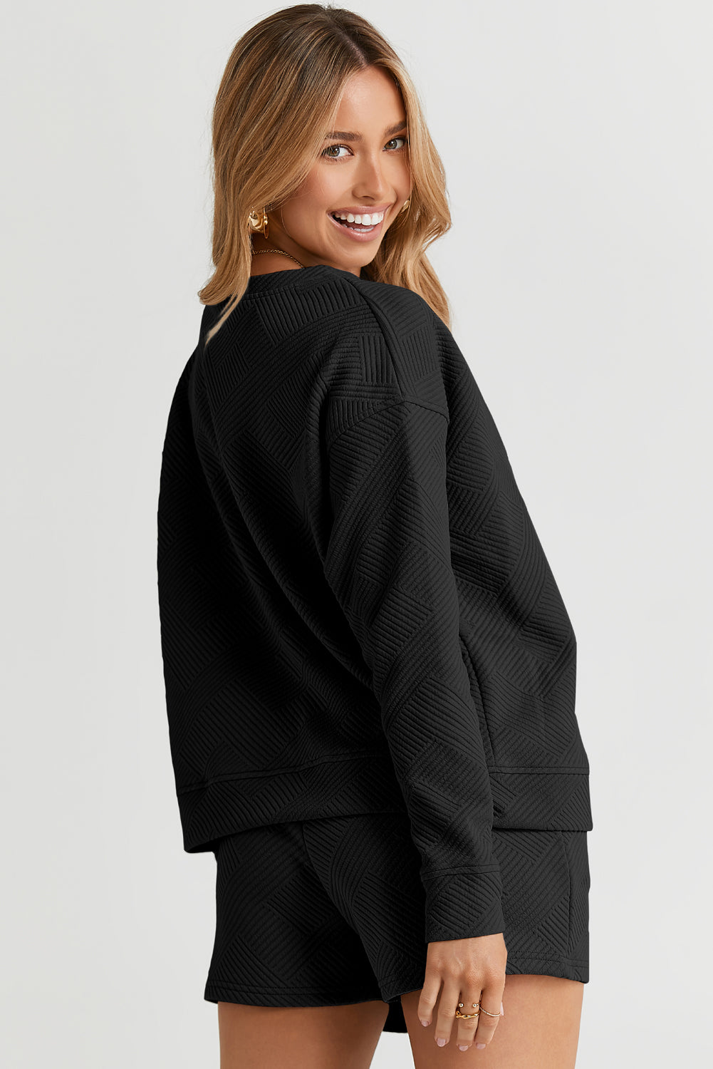 Black Textured Long Sleeve Top And Drawstring Shorts Set