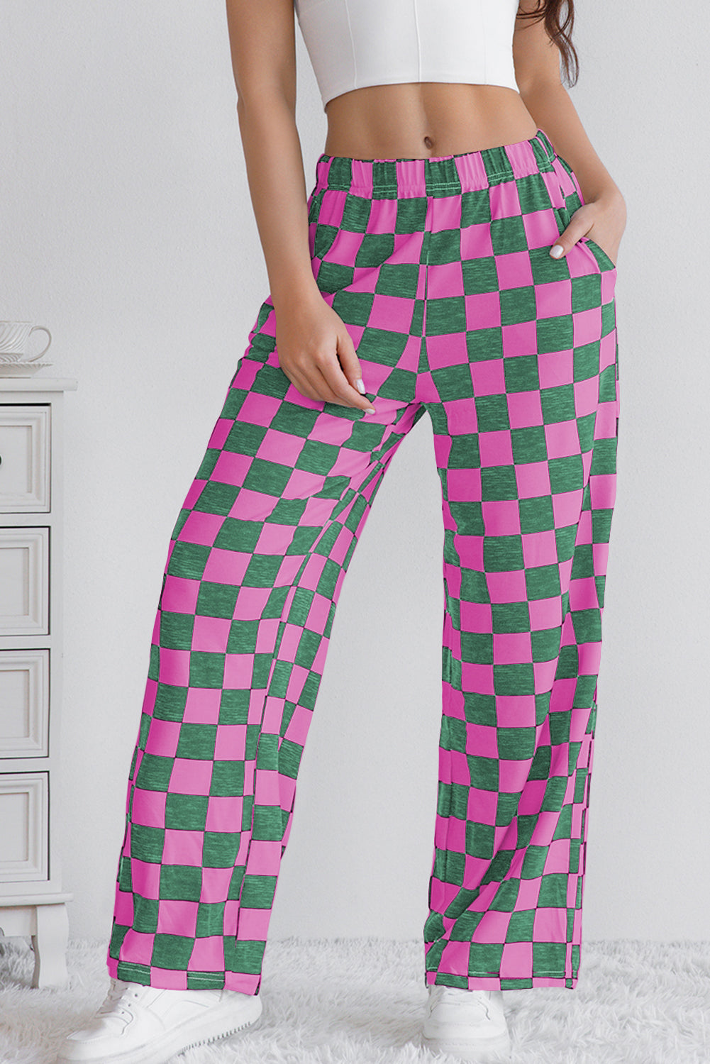 Green 2-Tone Checked Print High Waist Wide Leg Pants