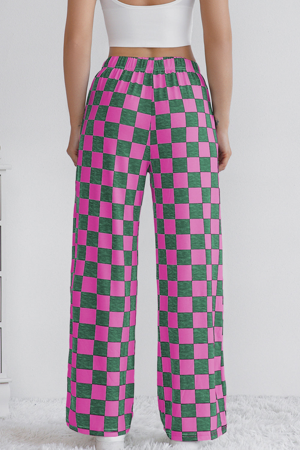 Green 2-Tone Checked Print High Waist Wide Leg Pants